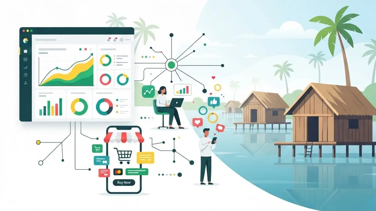 Modern flat illustration of SEO, social media, and analytics dashboards representing digital marketing agencies in Benin