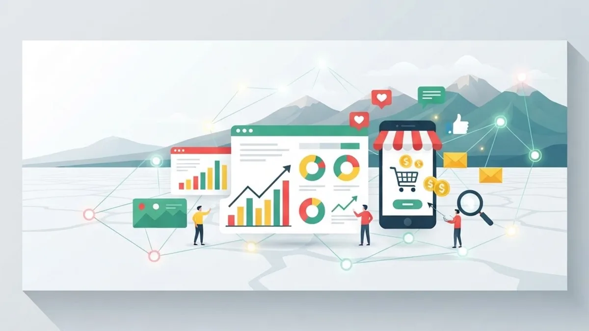 Modern flat illustration of SEO, social media, and analytics dashboards representing digital marketing agencies in Bolivia