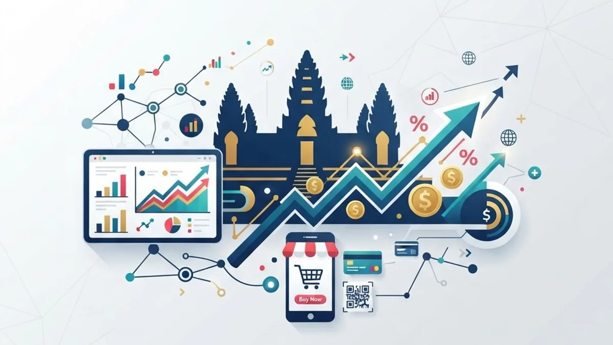 Modern flat illustration of SEO, social media, and analytics dashboards representing digital marketing agencies in Cambodia