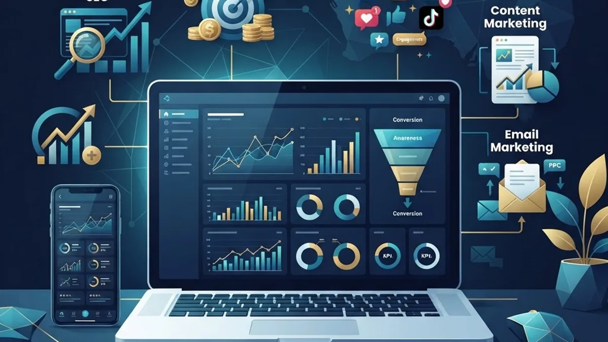 Modern flat illustration of SEO, paid media, and analytics dashboards representing digital marketing agencies in Australia