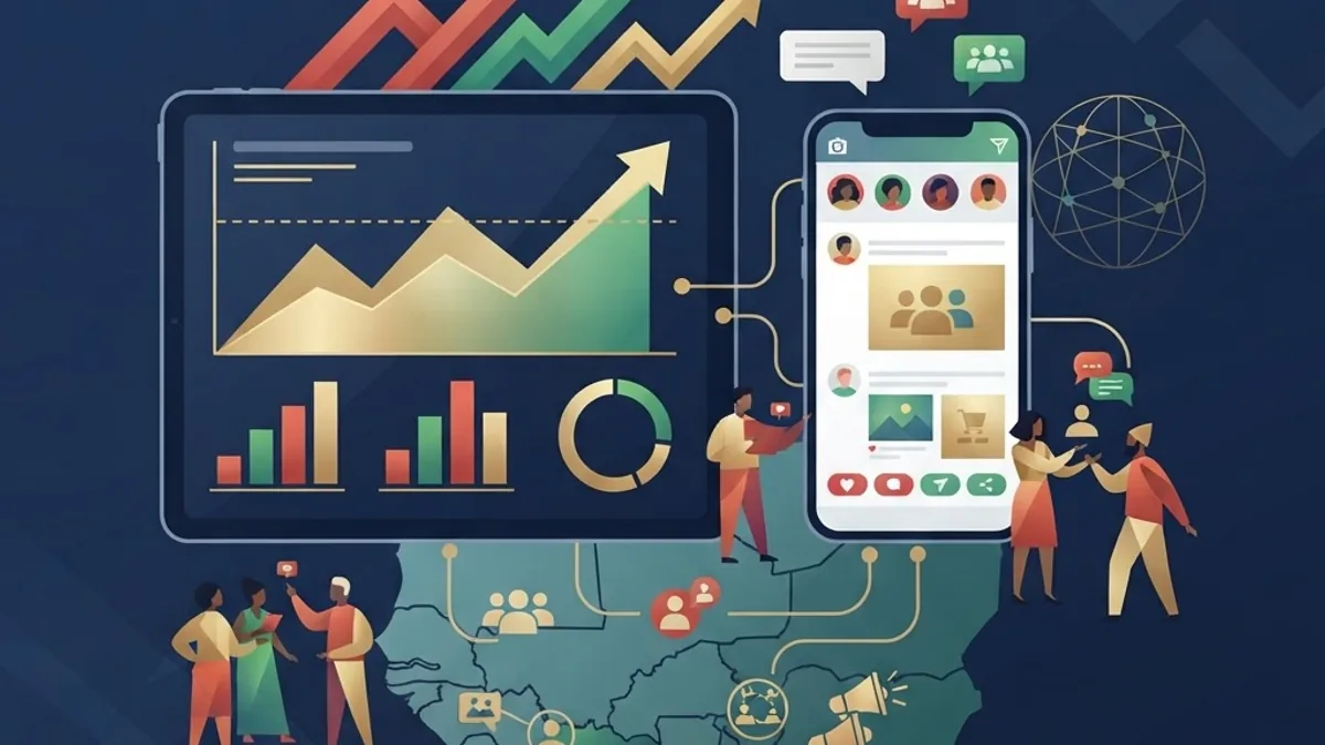 Flat illustration of mobile marketing, social engagement, and growth charts representing digital agencies in Burkina Faso