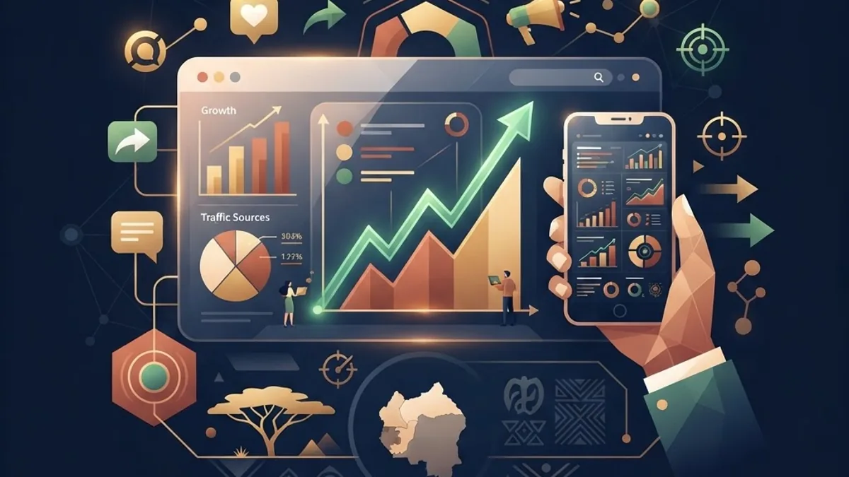 Flat illustration of digital marketing analytics, social media, and growth charts representing agencies in Cameroon
