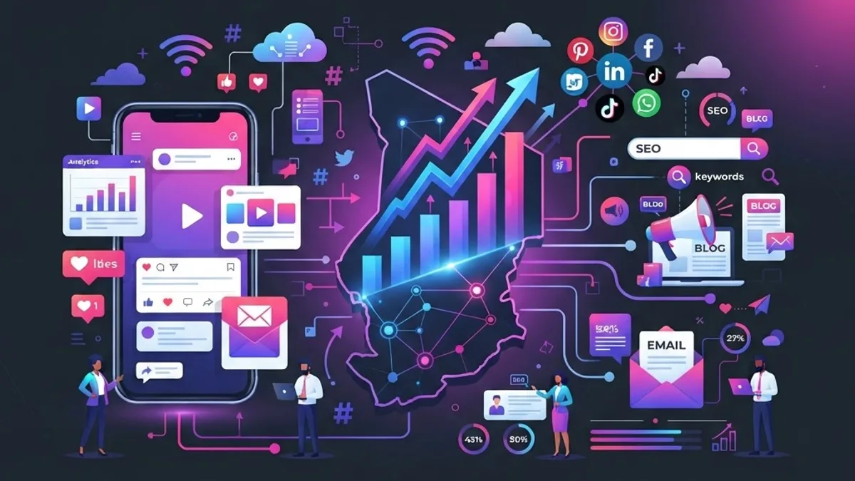 Modern flat illustration of SEO, social media, and analytics dashboards representing digital marketing agencies in Chad