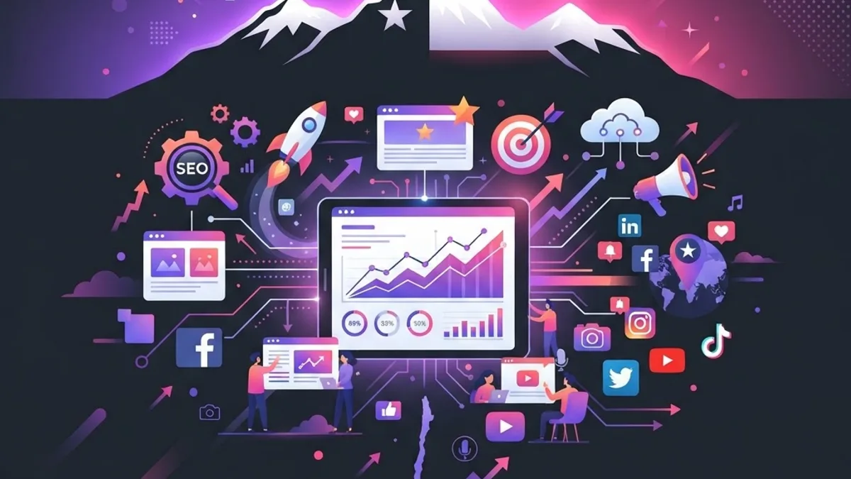 Modern flat illustration of SEO, social media, and analytics dashboards representing digital marketing agencies in Chile