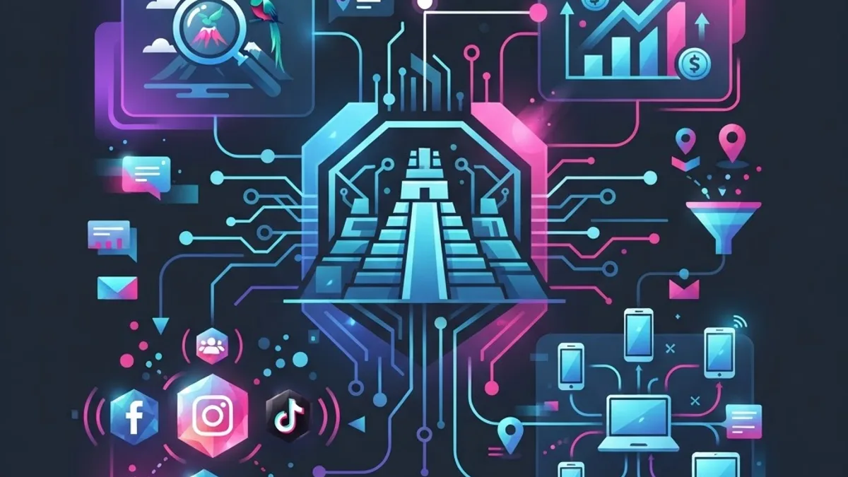 Modern flat illustration of SEO, social media, and analytics dashboards representing digital marketing agencies in Guatemala