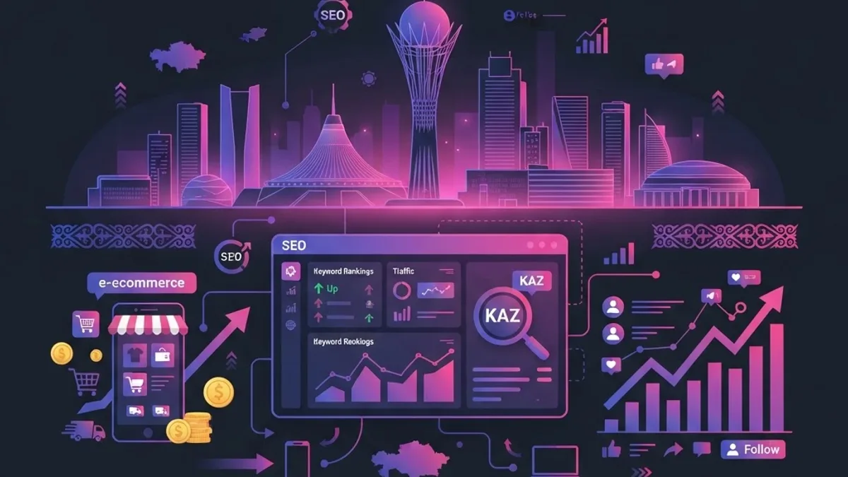 Modern flat illustration of SEO, social media, and analytics dashboards representing digital marketing agencies in Kazakhstan