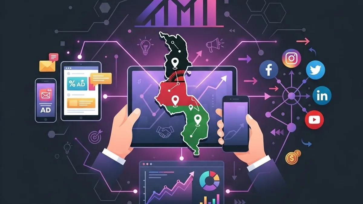 Modern flat illustration of SEO, social media, and analytics dashboards representing digital marketing agencies in Malawi