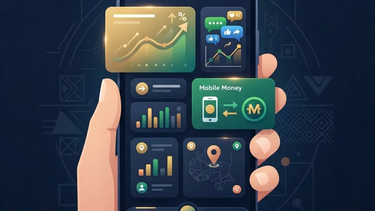 Flat illustration of mobile-first marketing, social media, and growth analytics representing digital agencies in Mali