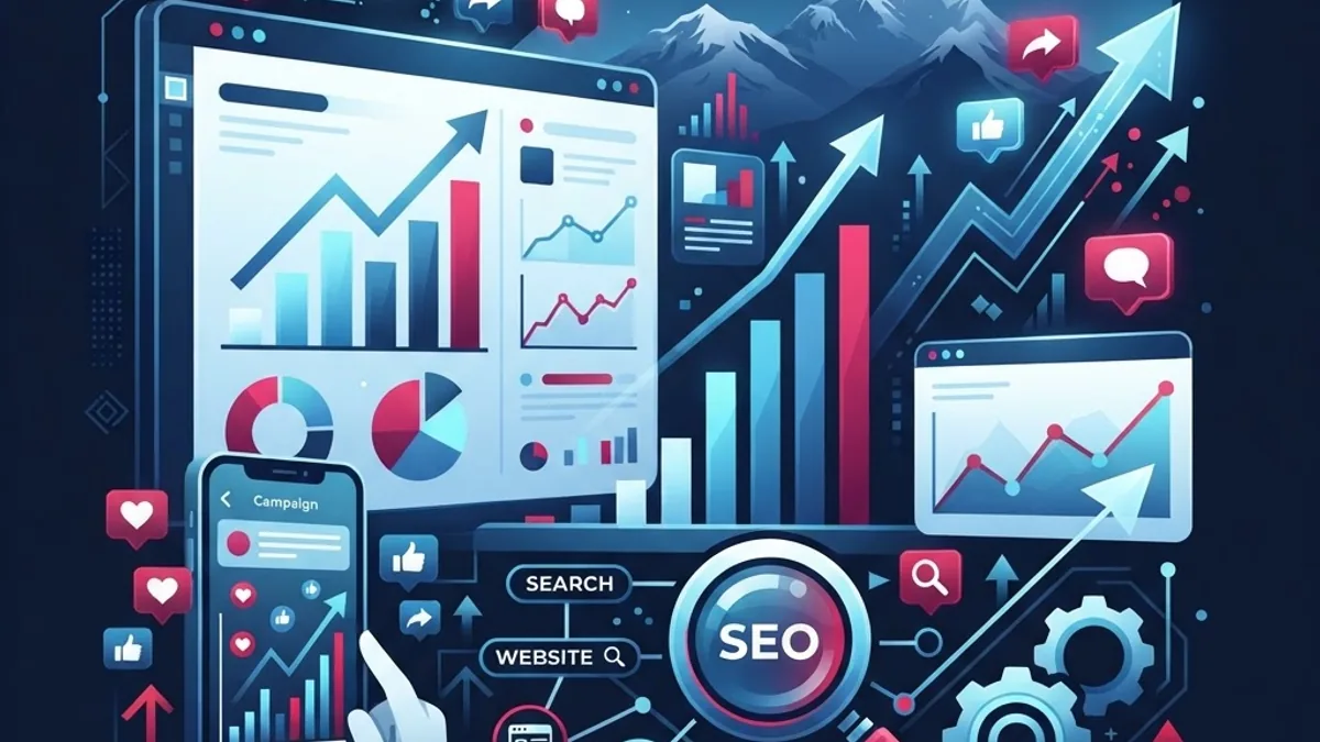 Modern flat illustration of SEO, social media, and analytics dashboards representing digital marketing agencies in Nepal