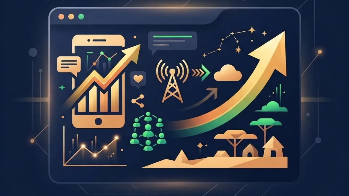 Clean flat illustration of mobile marketing, growth charts, and social engagement representing digital agencies in Niger