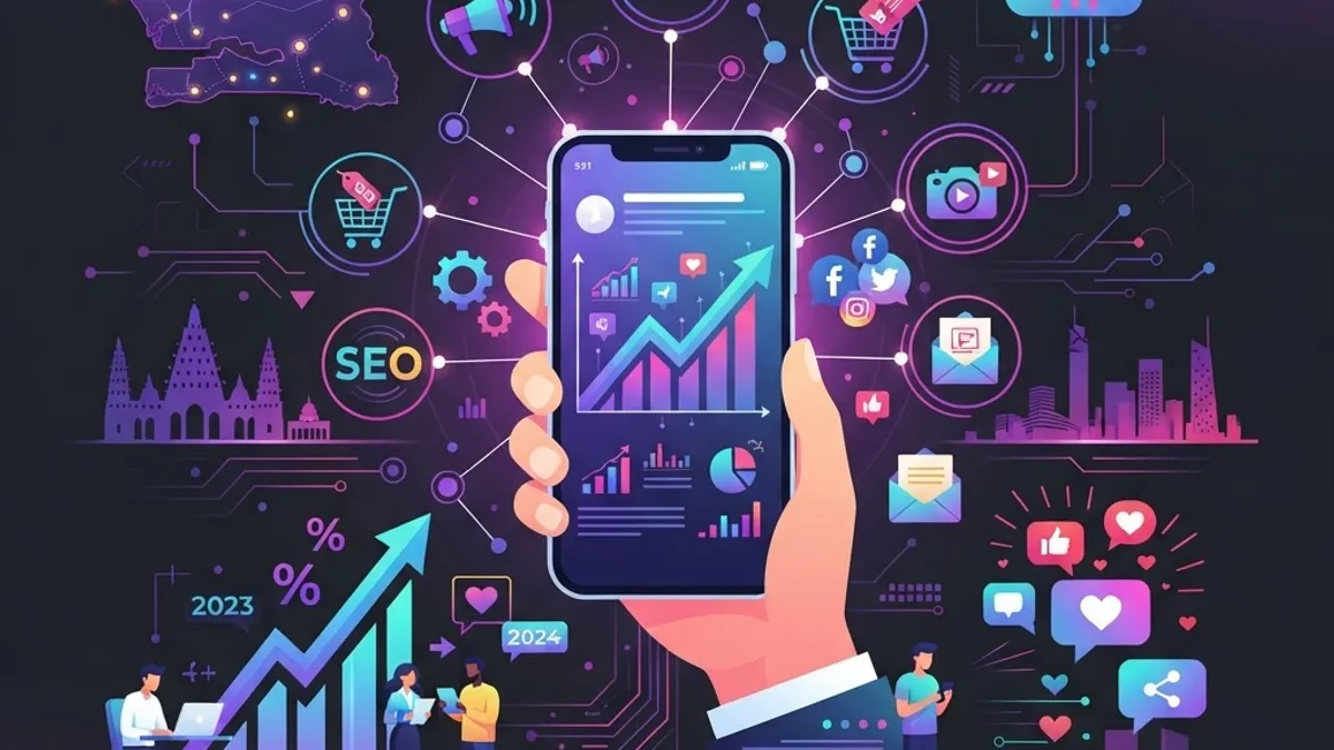 Modern flat illustration of SEO, social media, and analytics dashboards representing digital marketing agencies in Senegal