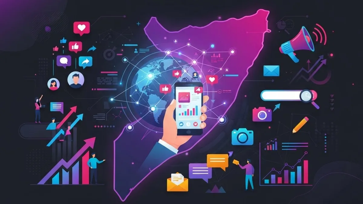 Modern flat illustration of SEO, social media, and analytics dashboards representing digital marketing agencies in Somalia