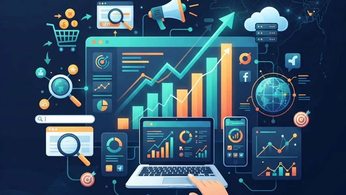 Modern flat illustration of SEO, social media, and analytics dashboards representing digital marketing agencies in Sri Lanka