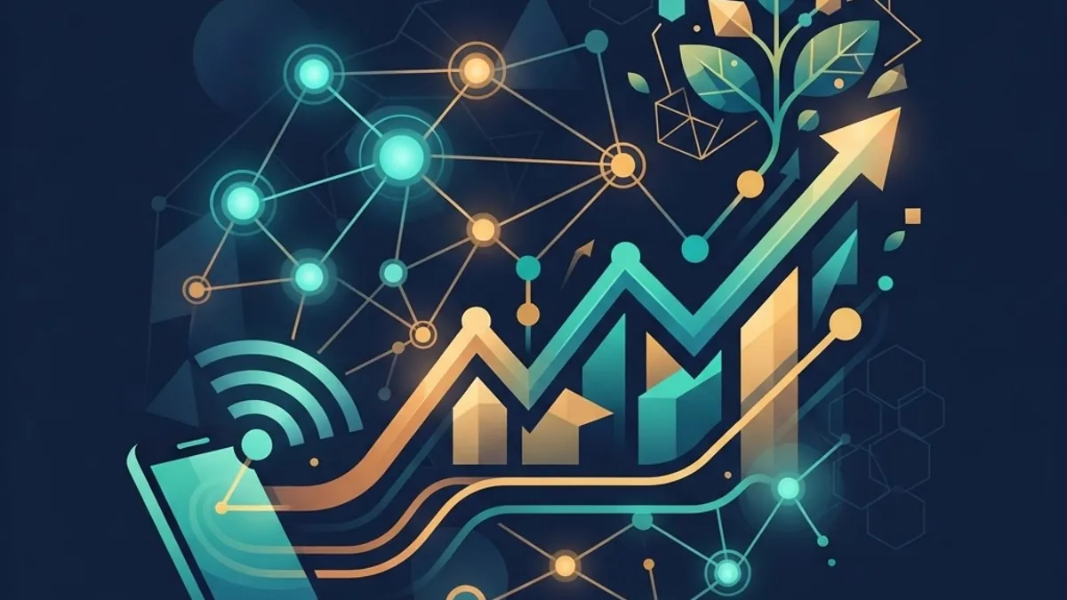 Flat illustration of rebuilding, connectivity, and social media growth representing the emerging digital market in Syria