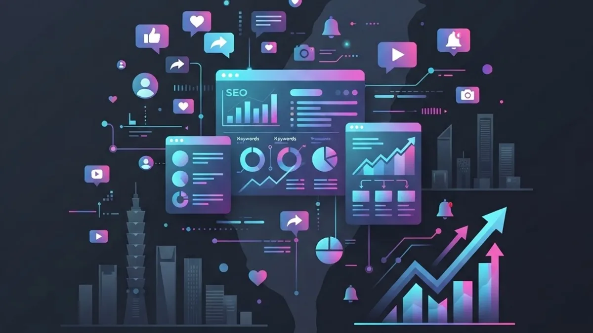 Modern flat illustration of SEO, social media, and analytics dashboards representing digital marketing agencies in Taiwan