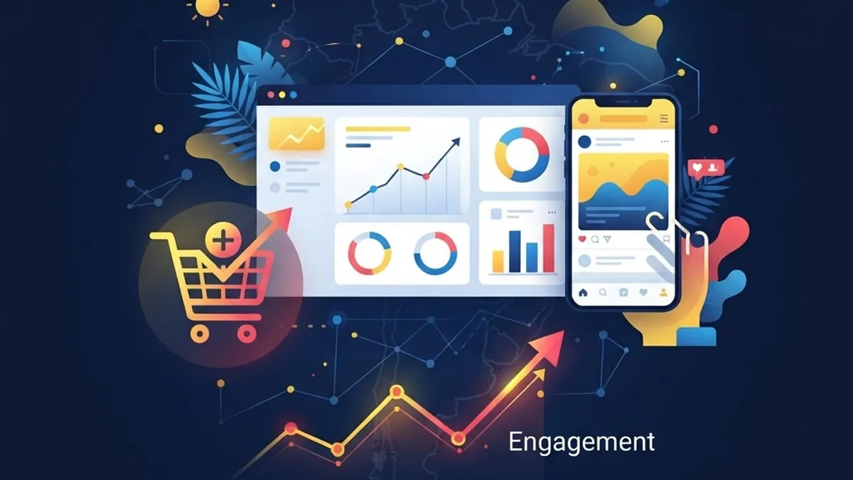 Flat illustration of e-commerce, social media, and analytics representing digital marketing agencies in Venezuela
