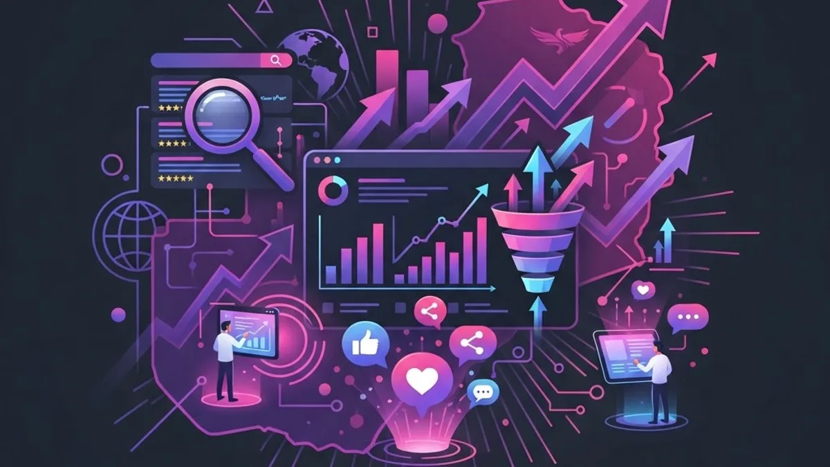 Modern flat illustration of SEO, social media, and analytics dashboards representing digital marketing agencies in Zambia