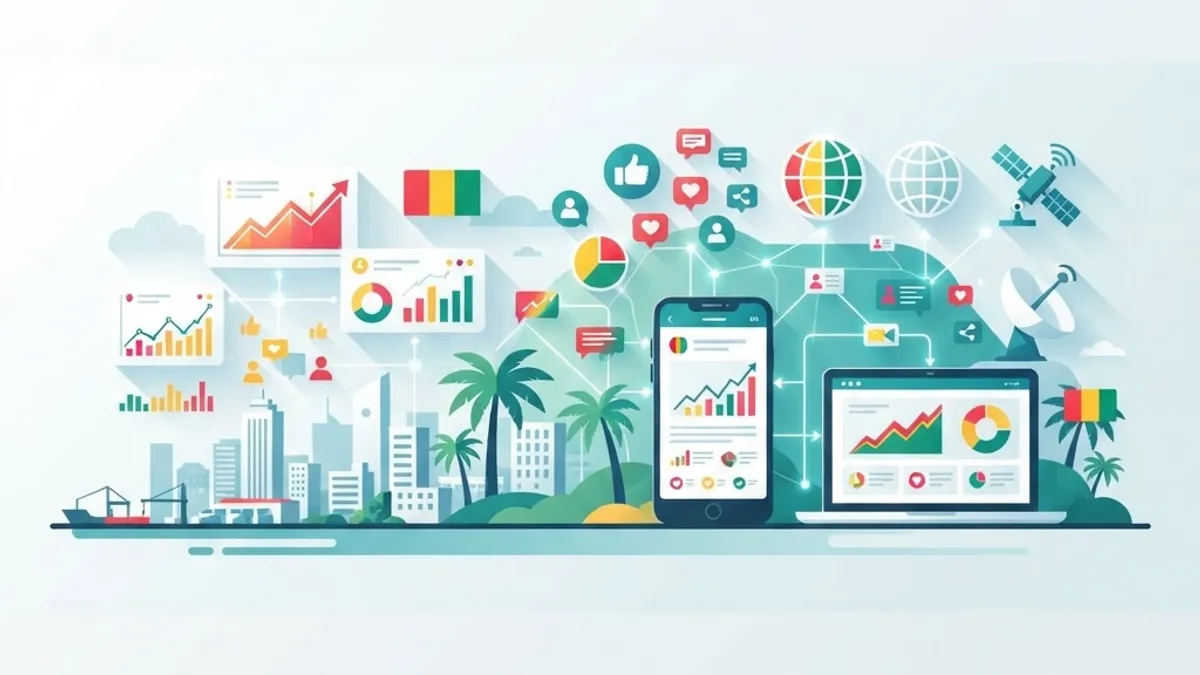 Modern flat illustration of SEO, social media, and analytics dashboards representing digital marketing agencies in Guinea
