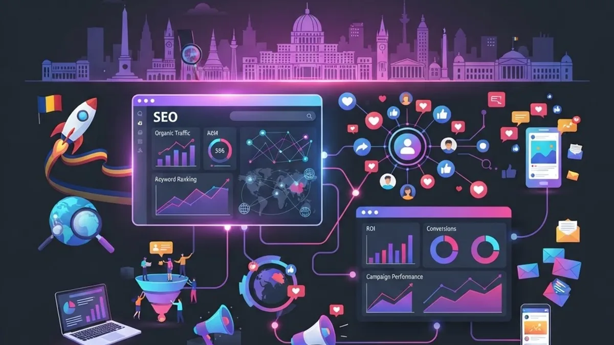 Modern flat illustration of SEO, social media, and analytics dashboards representing digital marketing agencies in Romania