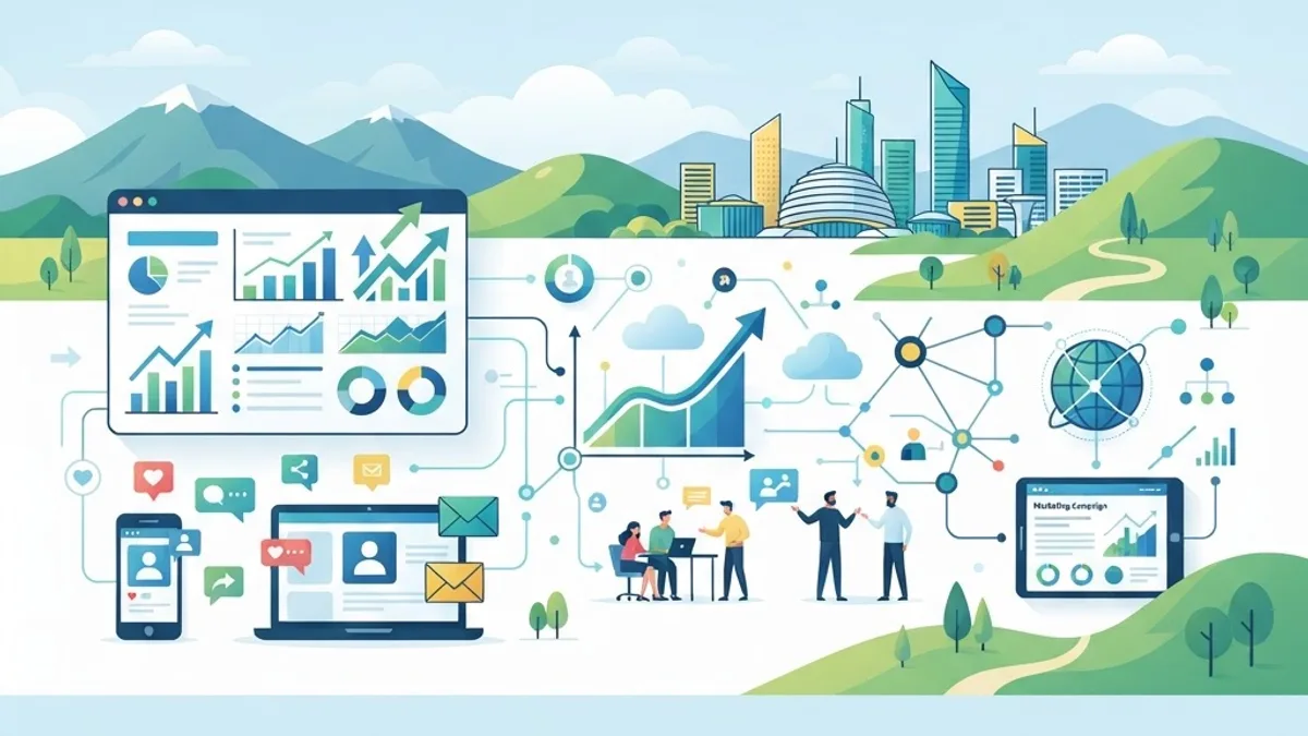 Modern flat illustration of SEO, social media, and analytics dashboards representing digital marketing agencies in Rwanda